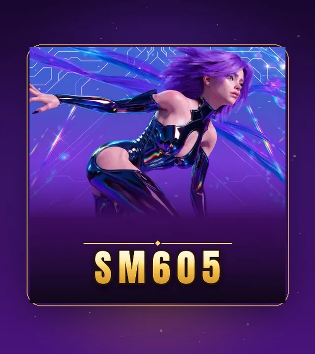 Artwork resmi sm605: karakter berambut ungu di panggung violet dengan wordmark SM605 berwarna emas