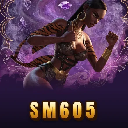 Artwork resmi sm605: karakter berambut ungu dengan aksen emas dan wordmark SM605
