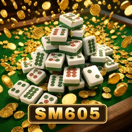 Artwork resmi sm605: tumpukan ubin mahjong di atas meja hijau dengan koin emas