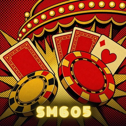 Artwork resmi sm605: chip poker merah dan emas dengan kartu serta wordmark SM605